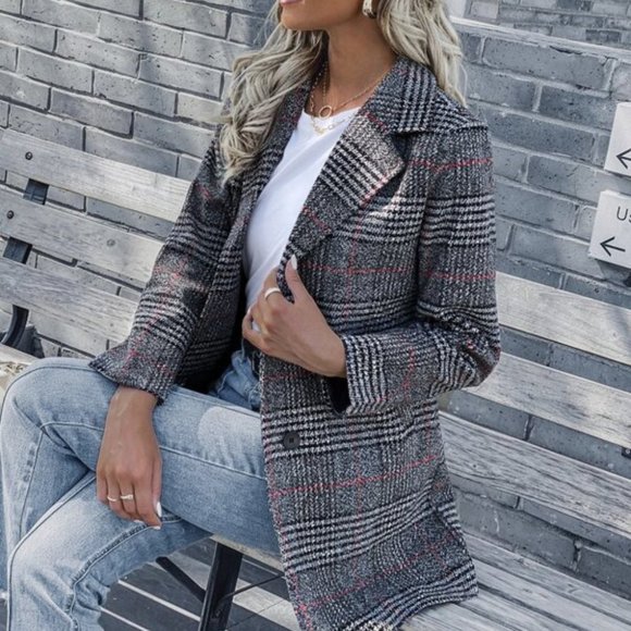 Jackets & Blazers - Plaid double breasted trench pea coat preppy tweed